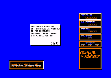 Clever & Smart (Amstrad CPC) screenshot: Title screen and opening story