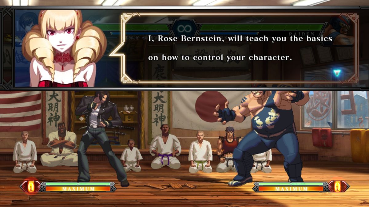 The King of Fighters XIII (Windows) screenshot: Adelheid Bernstein - Rugal's daughter, introduced in The King of Fighters XI - teaches you the gameplay basics.