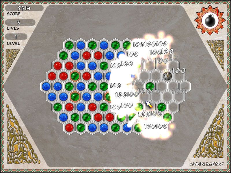 Arabesque (Windows) screenshot: The bomb sweeps away most of the marbles.