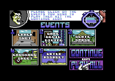 Supersports: The Alternative Olympics (Commodore 64) screenshot: Choose your events.