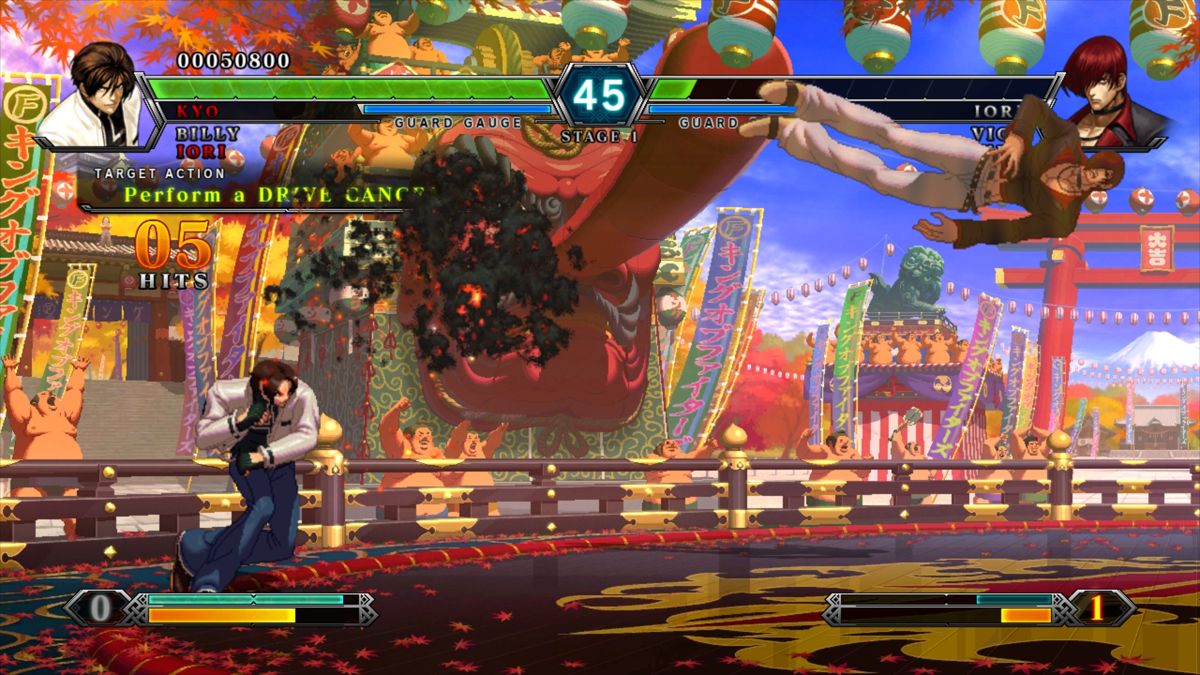 The King of Fighters XIII (Windows) screenshot: Kyo Kusanagi is one of the three previously DLC-only characters in the game. He plays like his KOF '99 incarnation.