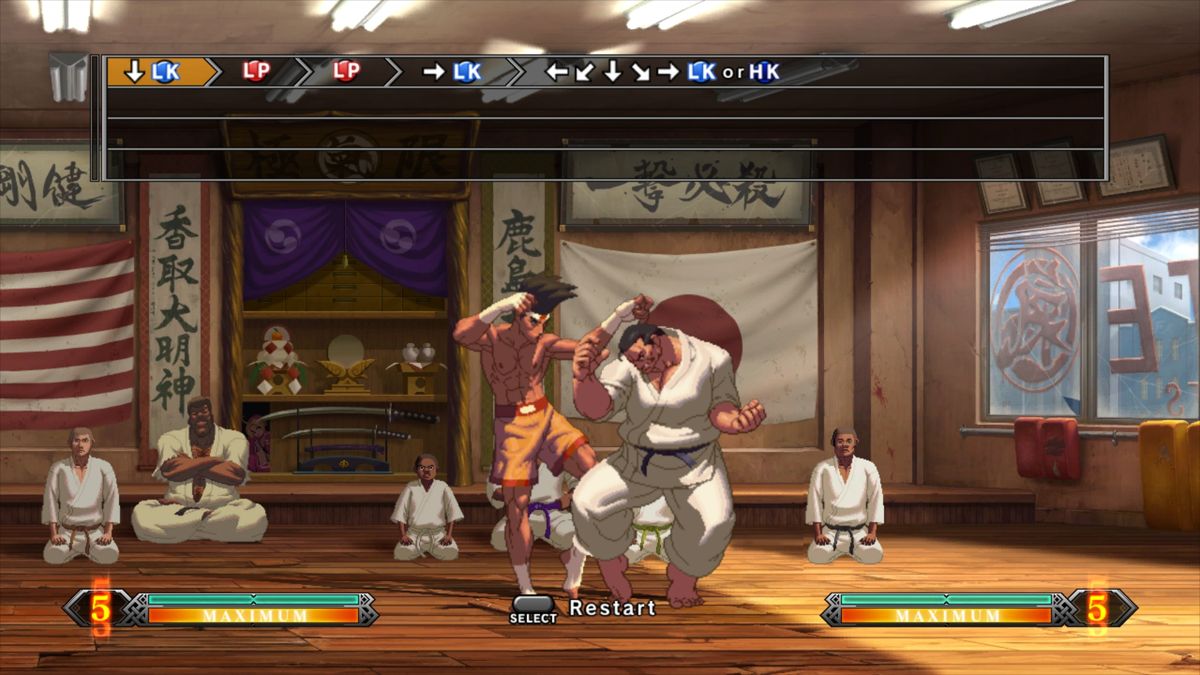 The King of Fighters XIII (Windows) screenshot: Every character has a set of ten challenges where you have to complete a combo to proceed. Here we see Joe's easiest challenge combo. They get much worse after this.