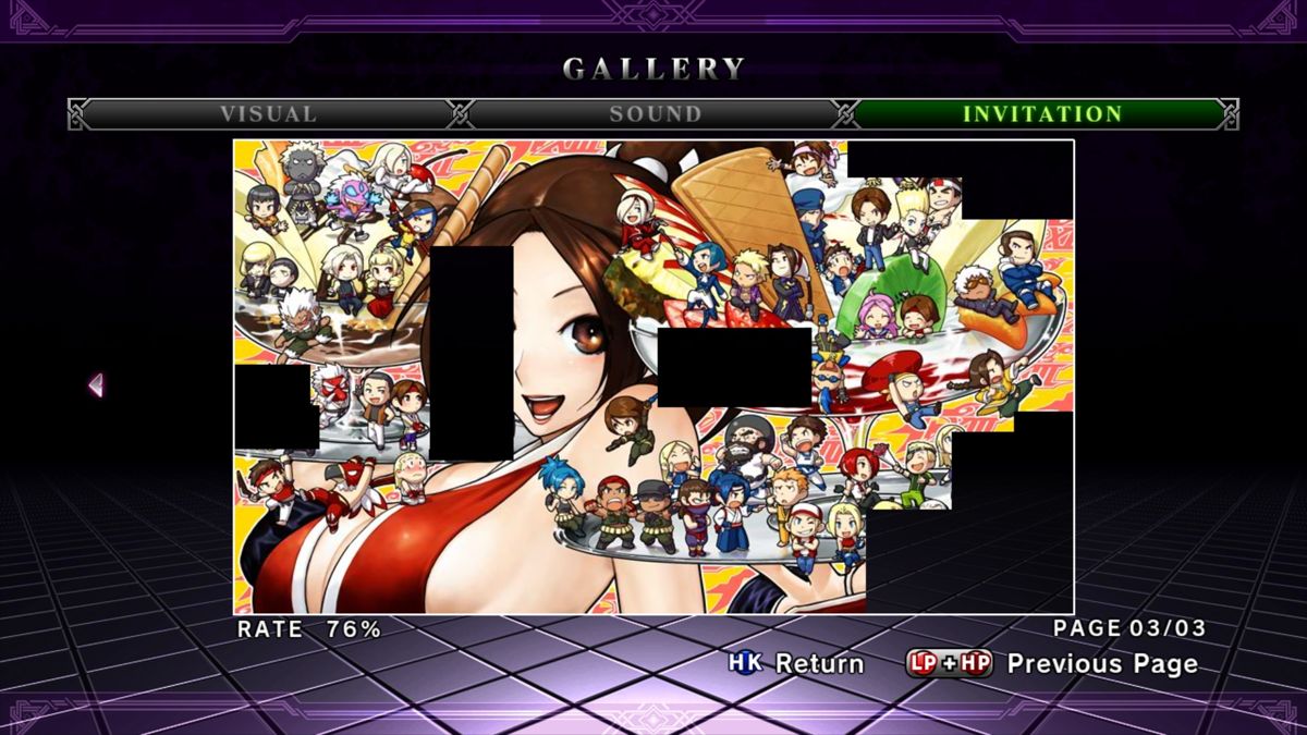The King of Fighters XIII (Windows) screenshot: As you complete the game and unlock content, you get items to perk up your online profile. The more content you unlock, the more of this special gift image is revealed.