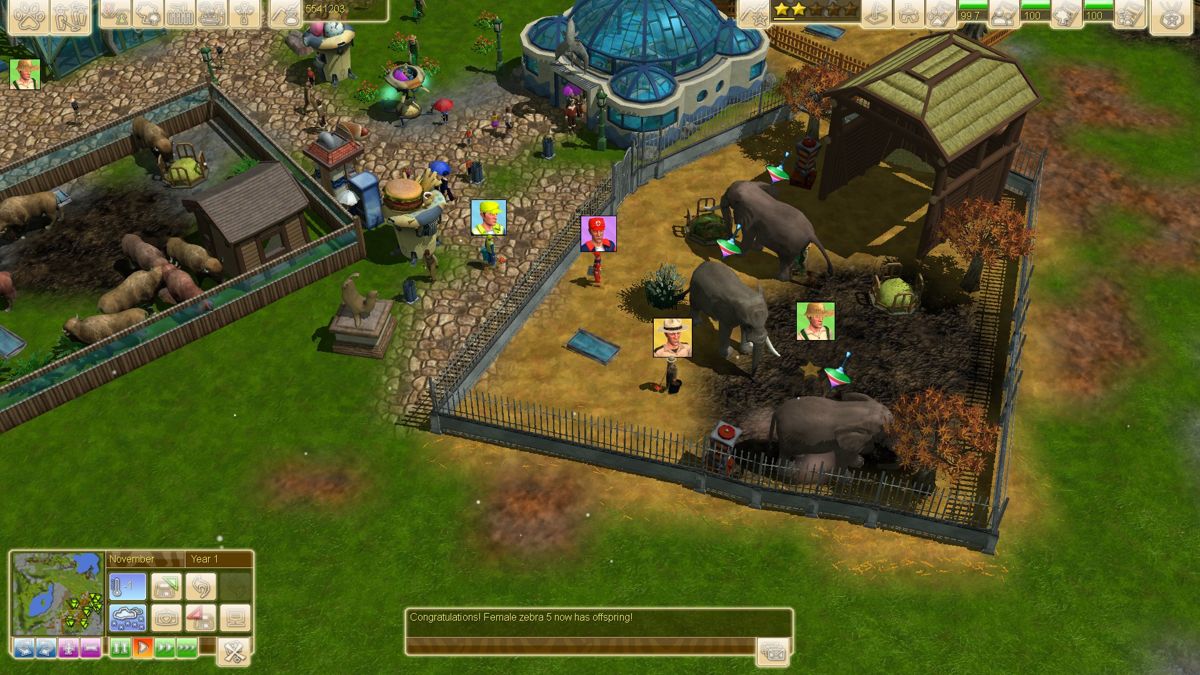 Wildlife Park 3 (Windows) screenshot: People can make exhibits for all kinds of animals, including elephants and bisons.