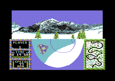 Winter Supersports 92 (Commodore 64) screenshot: Going round the bend.