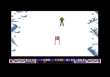 Winter Supersports 92 (Commodore 64) screenshot: Ski the right side of the flags.