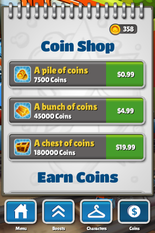 Subway Surfers (iPhone) screenshot: Naturally, you can spend real money on in-game coins... but why would you do that?