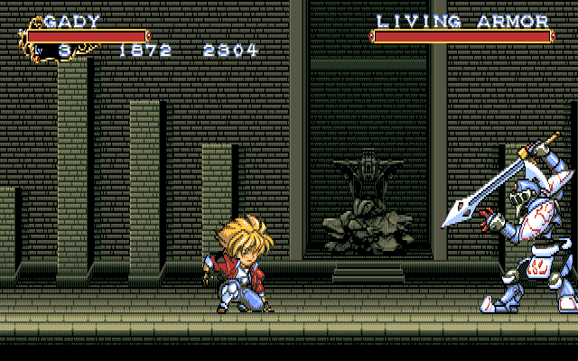 Briganty: The Roots of Darkness (PC-98) screenshot: A LIVING armor?! No, no, I can't handle that. Dead armor is no problem, but a living one?..