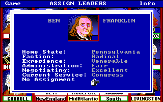Revolution '76 (DOS) screenshot: Reviewing one of the Founding Fathers