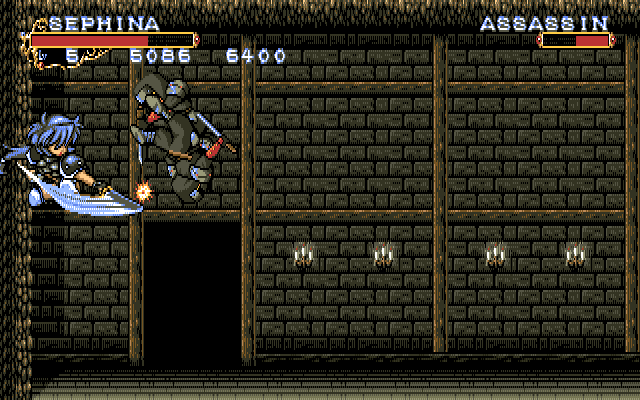 Briganty: The Roots of Darkness (PC-98) screenshot: Sephina is cornered by assassins