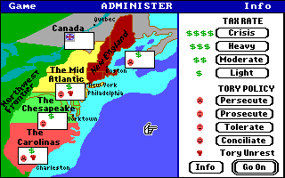 Revolution '76 (DOS) screenshot: Map of the colonies - tax and loyalists info