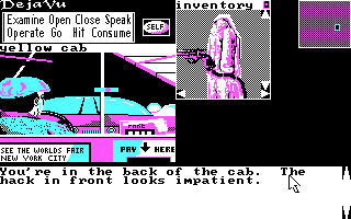 Deja Vu: A Nightmare Comes True!! (DOS) screenshot: In a taxi.