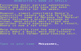 Henrietta's Book of Spells (Commodore 64) screenshot: Enter your name