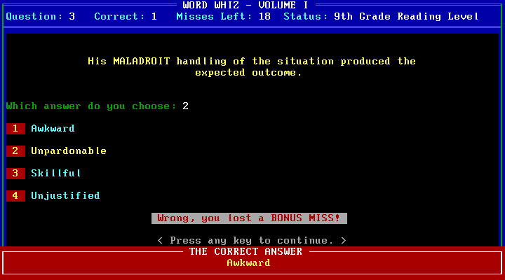 Word Whiz (DOS) screenshot: Maladroit does not mean unpardonable.