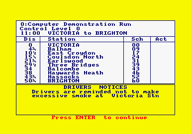 Southern Belle (Amstrad CPC) screenshot: The timetable.