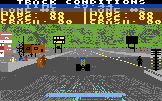 Shirley Muldowney's Top Fuel Challenge (Commodore 64) screenshot: View the track conditions