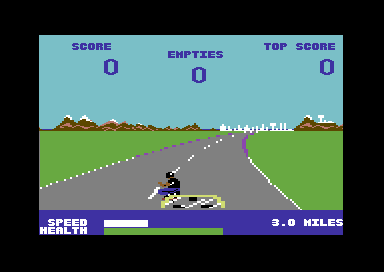 Street Surfer (Commodore 64) screenshot: Car behind you.