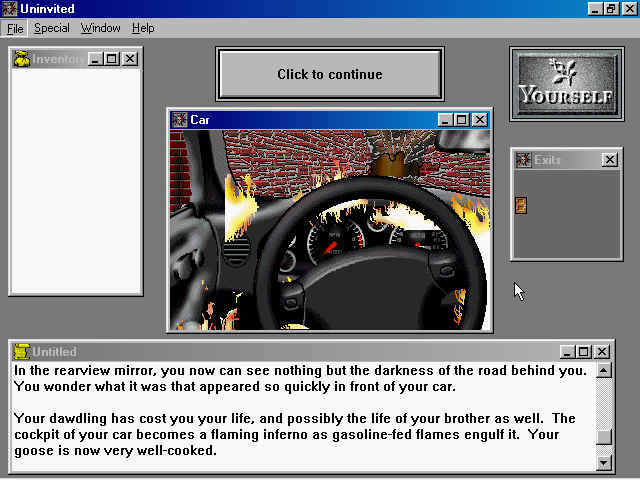Uninvited (Windows 3.x) screenshot: Stay in the car too long at the start and it catches fire.