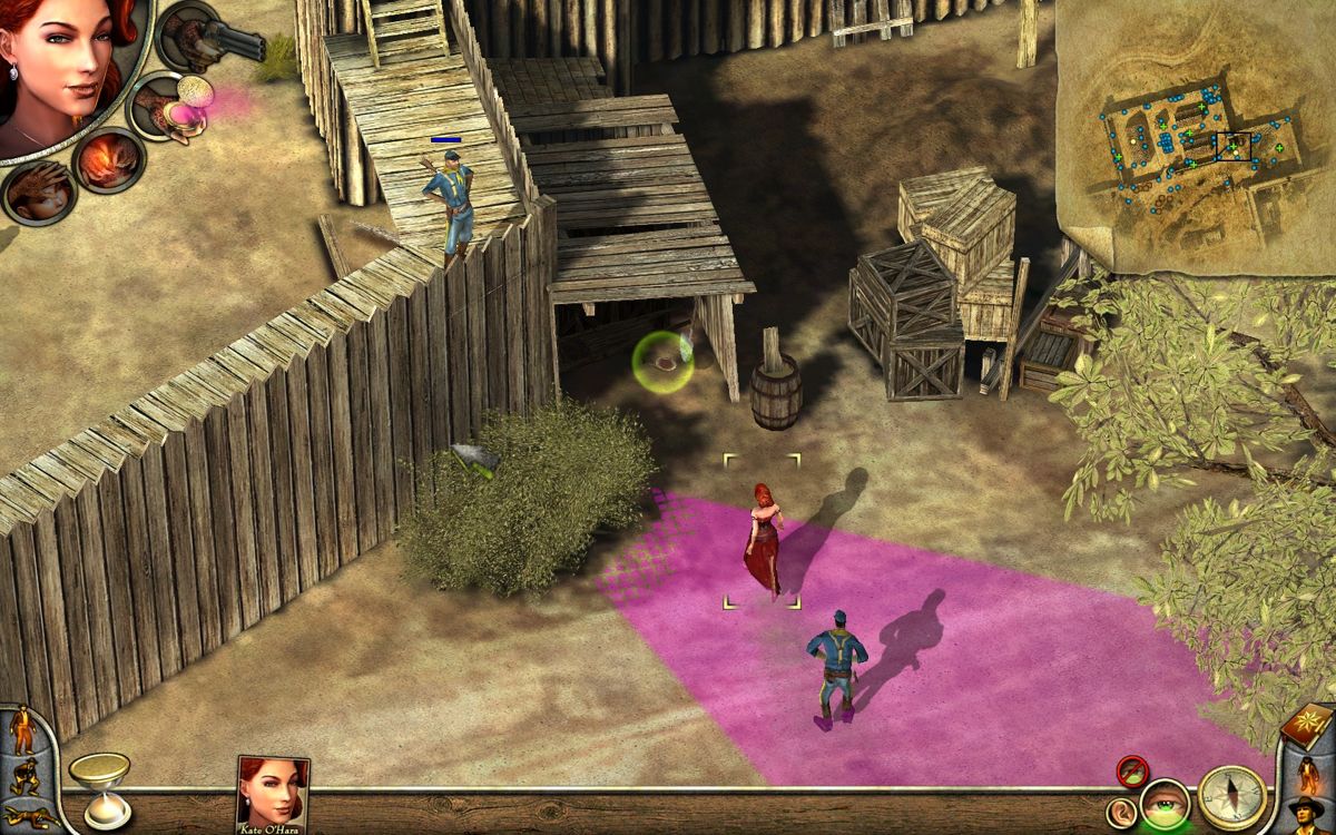 Desperados 2: Cooper's Revenge (Windows) screenshot: Kate can seduce a large number of guards at the same time... that's some skill to use.