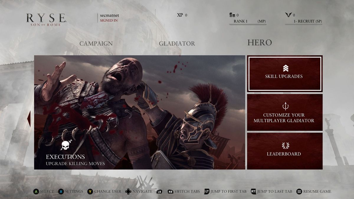 Ryse: Son of Rome (Xbox One) screenshot: On hero tab in the menu you can spend your valor to upgrade new skills