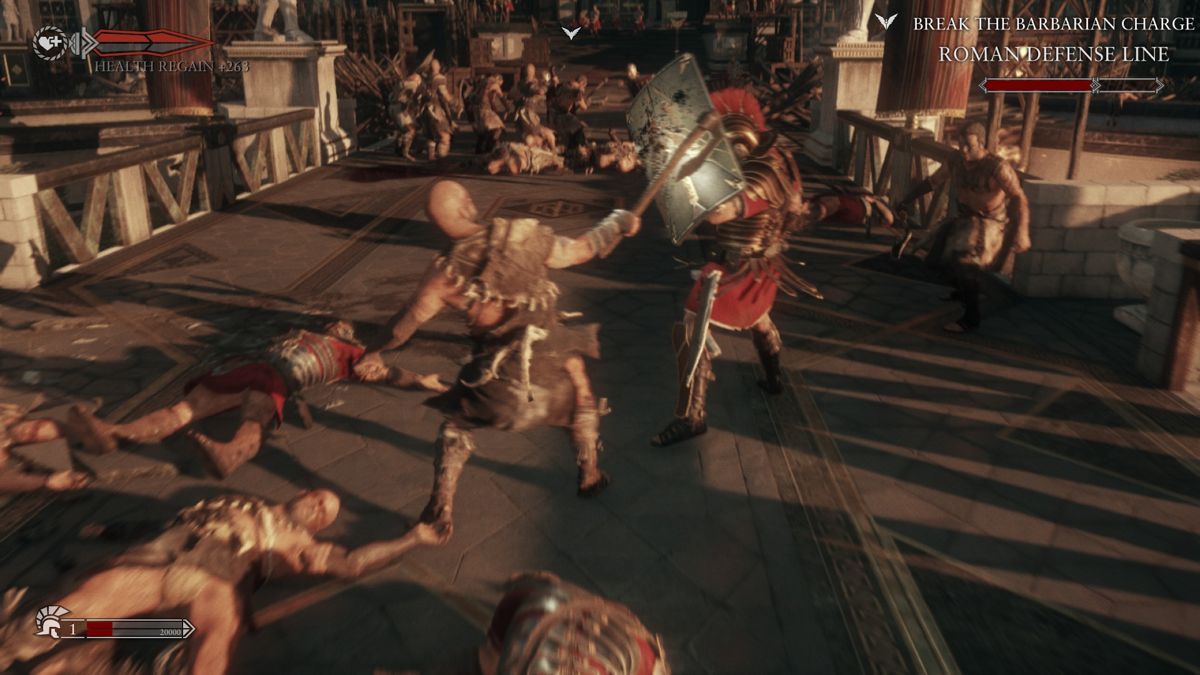 Ryse: Son of Rome (Xbox One) screenshot: Use your shield to block enemy attacks and open them for a counterstrike