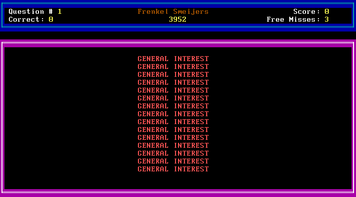 Trivia Whiz (DOS) screenshot: The category is General Interest.