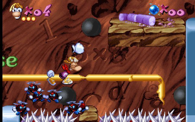 Maths and English with Rayman: Volume 3 (DOS) screenshot: Art Alley: Getting an answer wrong or falling off the flying platform ends this turn.