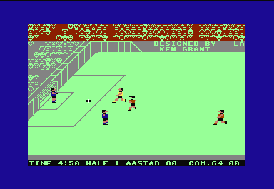 Five-a-Side Soccer (Commodore 64) screenshot: Here the computer takes a shot at the goal.