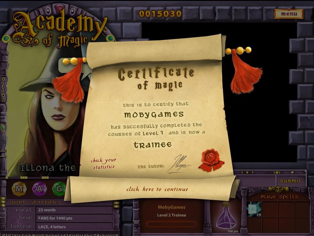 Academy of Magic: Word Spells (Windows) screenshot: I have been promoted from novice to trainee.