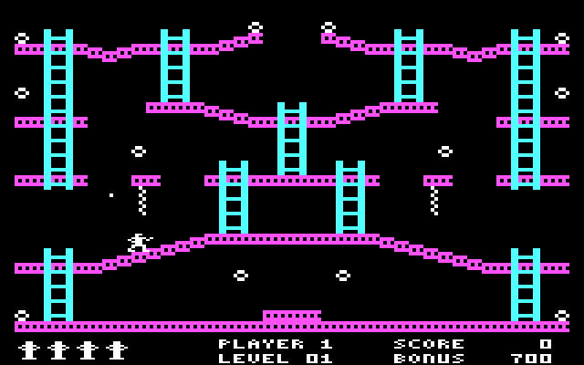 Jumpman (PC Booter) screenshot: Level 01 (CGA with RGB monitor)