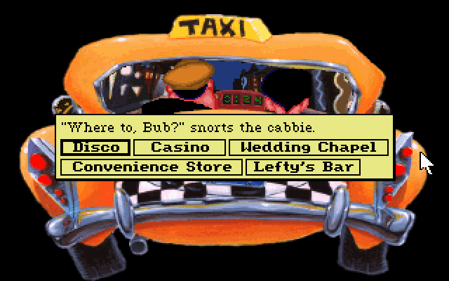 Leisure Suit Larry 1: In the Land of the Lounge Lizards (DOS) screenshot: In the taxi. In the remake you can just select a location from a menu