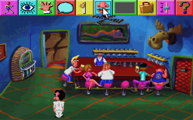 Leisure Suit Larry 1: In the Land of the Lounge Lizards (DOS) screenshot: The wacky, comically re-designed Lefty's Bar. Showing the new icon-based interface. Note the moose head being on a different wall than in the original version... you'll soon find out why