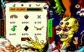 Tongue of the Fatman (DOS) screenshot: Purchasing weapons and modifiers from Dr. Kadaver (MCGA/VGA)