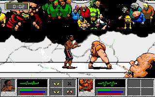 Tongue of the Fatman (DOS) screenshot: Starting a fight -- Hey, that dude's got no legs! (MCGA/VGA)