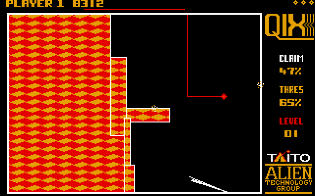 QIX (DOS) screenshot: Drawing a line; don't let the Qix touch it before it's complete! (MCGA)