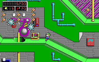 Commander Keen 5: The Armageddon Machine (DOS) screenshot: Whee! I jump on the pogo stick, excited at the sight of candy and weird damaging stars (EGA)