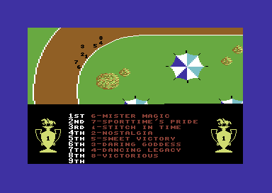 Omni-Play Horse Racing (Commodore 64) screenshot: 3rd going round the bend.