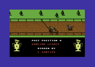 Omni-Play Horse Racing (Commodore 64) screenshot: Horses approach the start.