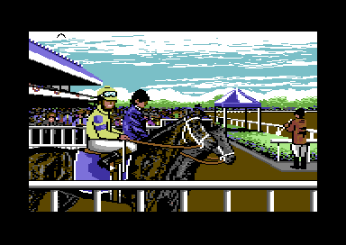 Omni-Play Horse Racing (Commodore 64) screenshot: Build up to the race.