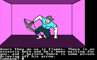 The Demon's Forge (PC Booter) screenshot: An Angry Looking Assassin (CGA with RGB monitor)