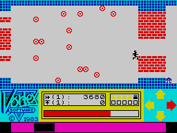 Android One: The Reactor Run (ZX Spectrum) screenshot: Second screen with stationary obstacles that cannot be shot, but they won't kill the Android if run into.