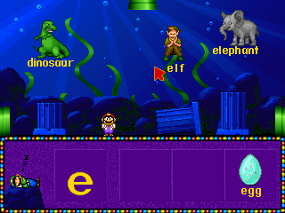 Mario's Early Years: Fun With Letters (DOS) screenshot: Finding all of the words that begin with E.
