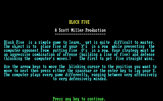 Maze Adventures (DOS) screenshot: 'Block Five' description