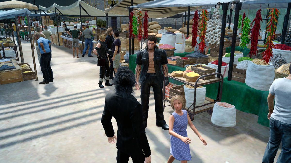 Final Fantasy XV: Windows Edition (Windows) screenshot: Busy marketplace. You greet an unknown little girl. Your companion is standing right there, not wearing a shirt. No, it's not what it sounds like