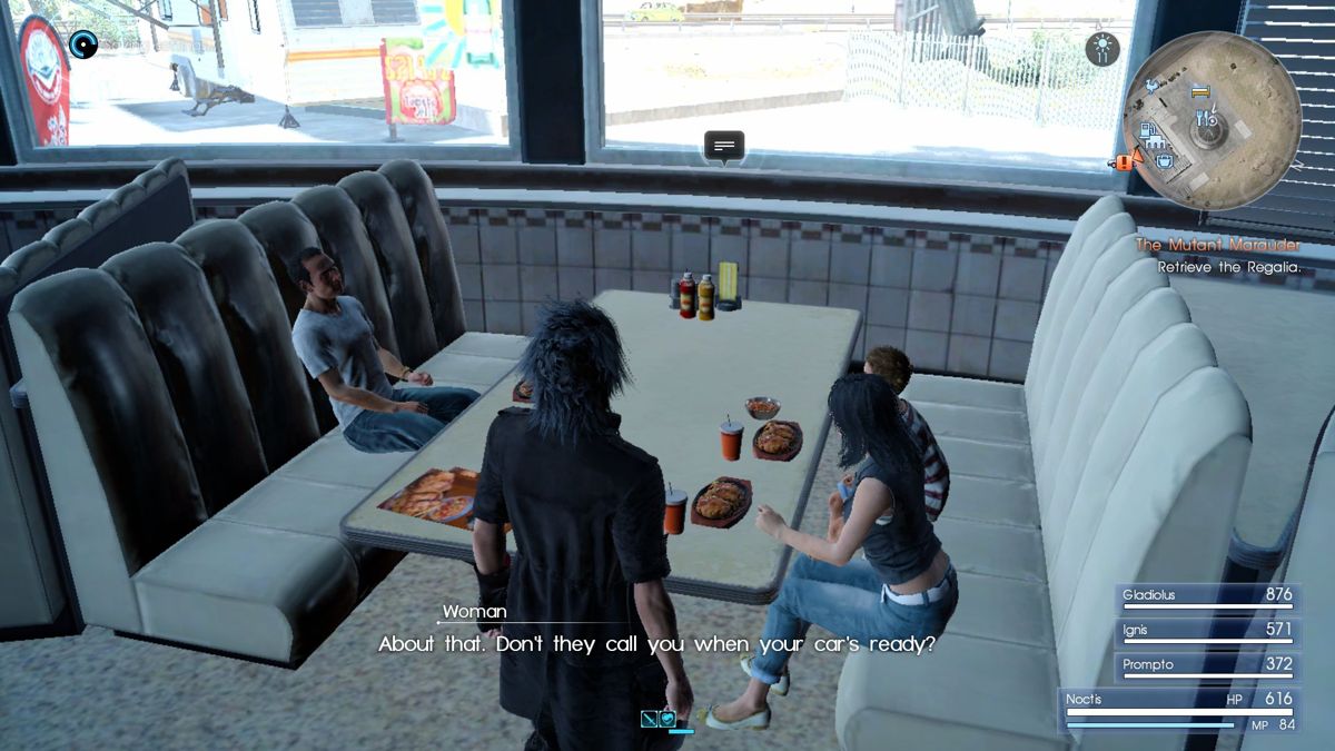 Final Fantasy XV: Windows Edition (Windows) screenshot: You can listen to conversations between NPCs. This is just a family eating together in a diner