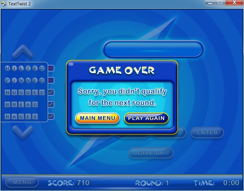 TextTwist 2 (Windows) screenshot: The end of a Lightning round.