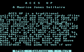 Aces Up (Commodore 16, Plus/4) screenshot: Help screen