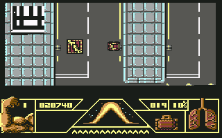 Total Recall (Commodore 64) screenshot: Get this power-up to increase the sped of your car