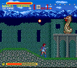 Super Valis IV (SNES) screenshot: This is Babylon. Fire-spitting dragons are nothing out of ordinary there