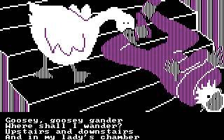 Hey Diddle Diddle (DOS) screenshot: Goosy gander is protective of the lady's chamber (CGA, RGB)